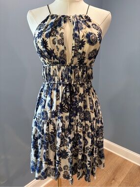 cinq a sept Blue and White Floral Halter Mini Dress XXS